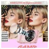 64MP 4K Digital Camera, Hoestr 18X Zoom Autofocus Point and Shoot Compact Camera with 64GB TF Card, Flash, 2.8 LCD Screen for Teens Gifts Adult Beginner Travel Photography Vlogging (Pink)