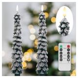AFINETH Christmas Tree Candles with 3D Wick, 11.4 Green Real Wax Flameless Taper Candles with Remote, Flickering LED Xmas Candlesticks Battery Operated Candle for Home, Party Decor, 2 Pack