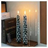 AFINETH Christmas Tree Candles with 3D Wick, 11.4 Green Real Wax Flameless Taper Candles with Remote, Flickering LED Xmas Candlesticks Battery Operated Candle for Home, Party Decor, 2 Pack