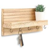 Lwenki Decorative Key Holder for Wall with Shelf, Entryway Shelf with Hooks Holds Leashes, Jackets and Glasses Sturdy Wood Keyholder Entrance Hanger with Mounting Hardware (Wood, Medium)