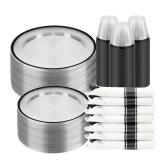 BESTSTAR 350PCS Clear and Black Disposable Plates Set for 50 Guests, 100 Plastic Plates, 50 Plastic Cups, 50 Pre-Rolled Napkins with Cutlery for Party, Thanksgiving, Birthday, Halloween, Christmas