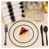 BESTSTAR 350PCS Clear and Black Disposable Plates Set for 50 Guests, 100 Plastic Plates, 50 Plastic Cups, 50 Pre-Rolled Napkins with Cutlery for Party, Thanksgiving, Birthday, Halloween, Christmas