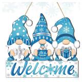 Panelee Winter Welcome Door Sign Gnome Hanging Decoration Let It Snow Wooden Gnome Sign Blue Snowflake Door Hanger with Rope Hanging Decoration for Front Porch Home Winter