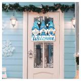 Panelee Winter Welcome Door Sign Gnome Hanging Decoration Let It Snow Wooden Gnome Sign Blue Snowflake Door Hanger with Rope Hanging Decoration for Front Porch Home Winter