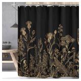 Riyidecor Black Gold Dark Floral Wildflower Shower Curtain for Bathroom Decor 72Wx72H Rustic Botanical Herbs Plant Leaves Vintage Nature Art Printed Fabric Polyester Waterproof 12 Pack Plastic Hooks