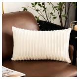 UGASA Velvet 12x20 Inch Lumbar Throw Pillow Cover, Both Sides Corduroy Striped, Soft Solid Decorative Rectangular Cushion Case for Couch/Bedroom/Car, 1 Piece, Cream