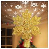 Brightown Christmas Tree Topper with Built-in 3D Glitter Led Snowflake Projector Lights, Gold Hexagonal Snowflake Tree Toppers Christmas Decorations Indoor for Xmas New Year Party Holiday