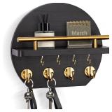 Nekon Key Holder for Wall - 9.8 Inch Apartment Wall Decor with Shelf and 8 Key Hooks, Circular Wood Key Hanger for Home Decor (Black with Golden Hooks)