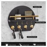 Nekon Key Holder for Wall - 9.8 Inch Apartment Wall Decor with Shelf and 8 Key Hooks, Circular Wood Key Hanger for Home Decor (Black with Golden Hooks)