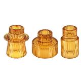 Double Sided Vintage Ribbed Taper Glass Candle Holders,Tea Candle Holder for Table Centerpieces, Wedding Decorations and Dinner Parties (Amber, 3 PCS)