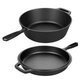 VORRINGARD Pre-seasoned Cast Iron Double Dutch Oven Pot with Skillet Lid, for Bread Baking, Outdoor, Campfire Cooking, 3 Quart