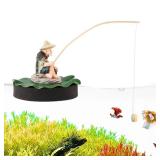 WeiLingBo Resin Fisherman Aquarium Decor with Realistic Mini Fishing Rod, Sitting Fishing Figurines Floating Fish Tank Decorations, Fun Fish Feeder Aquarium Ornaments(Style 2)