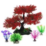 Aquarium Tree Trunk Large Plants Decorations, 5pcs Simulation Resin Cherry Blossom Tree & Aquatic Plants Aquarium Decor, Goldfish Tank Decorations Set, Fish Tank Hides Tree Decoration Kit (Red)