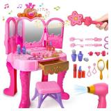 Toddler Vanity Magic Makeup Set Table & Chair Girl Toy Automatically Mirror with Music Light Pink Toys for 2 3 4 Year Old Girl Hair Salon Pretend Play Princess Dress Up Playset Valentine Gift age 3-5