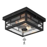 CALOKES Outdoor Flush Mount Motion Sensor Ceiling Light - Timeless Industrial Design with Seeded Clear Glass for Your Porch, Driveway, Covered Patio, Farmhouse, and Entryway