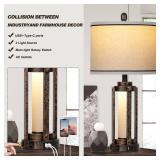 Farmhouse Lamps with USB A+C Charging Ports & AC Outlet, Rustic Vintage Industrial Table Lamps Metal Lamp with Glass LED Night Light & Beige Fabric Shade for Living Room Bedrooms Nightstand Bronze