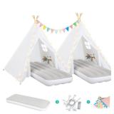 Teepee Tent for Kids Sleepover Party 2 Pack: Inflatable Airbed & Star Lights & Colored Flag - Indoor Outdoor Toddler Play Tent for Girls Boys Birthday Gifts Slumber Party (White)