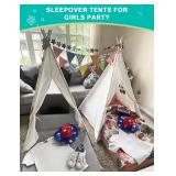 Teepee Tent for Kids Sleepover Party 2 Pack: Inflatable Airbed & Star Lights & Colored Flag - Indoor Outdoor Toddler Play Tent for Girls Boys Birthday Gifts Slumber Party (White)
