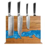 minyuexia magnetic knife holder - Acacia wood blue resin river knife block, double-sided magnetic, 12.59 x 9.84 inches (Without knife)