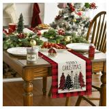 Artoid Mode Watercolor Red and Black Buffalo Plaid Christmas Trees Merry Xmas Table Runner, Seasonal Winter Holiday Kitchen Dining Table Decoration for Indoor Outdoor Home Party Decor 13 x 48 Inch
