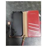 Red Leather Phone Wallet Case with Wrist Strap