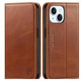 SHIELDON Case for iPhone 15 2023, Genuine Leather Wallet Book Case Magnetic RFID Blocking Credit Card Holder Kickstand Shock Absorbing Cover Compatible with iPhone 15 6.1 - Retro Brown
