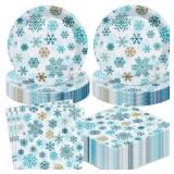 Zhehao 120 Pcs Christmas Paper Plates and Napkins - Snowflake Plates and Napkins Disposable Blue White Dinnerware Sets for Winter Christmas Holiday and New Year Party Supplies