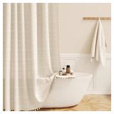 BTTN Extra Long Shower Curtain, 72x84 Inch Long Boho Tassel Linen Fabric Shower Curtain Set with Plastic Hooks, Tall Modern Farmhouse French Country Chic Cloth Shower Curtain for Bathroom, Cream/Beige