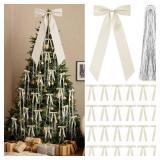 Shihanee Beige Christmas Bows Decor Set 1 Large Neutral Satin Christmas Tree Topper 24 Velvet Ribbon Bows with 3000 Strands Silver Tinsel Icicles Vintage Xmas Ornament for Holiday Wreath Gift Wrapping