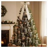Shihanee Beige Christmas Bows Decor Set 1 Large Neutral Satin Christmas Tree Topper 24 Velvet Ribbon Bows with 3000 Strands Silver Tinsel Icicles Vintage Xmas Ornament for Holiday Wreath Gift Wrapping
