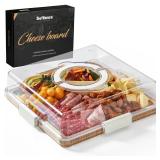 Charcuterie Board with Clear Locking Lid and Handle, Single Compartment Bamboo CheeseBoard Snackle Box, Portable Cutting Board for Snacks, Fruits&Meats, Ideal Gift for Parties, Birthday& House Warming