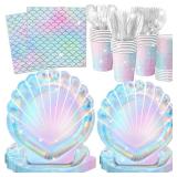 QIYANPAX 144 Pcs Mermaid Party Supplies Mermaid Birthday Decorations Includes Plates Napkins Cups Cutlery for Under the Sea Party Decorations
