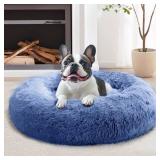 JOLLYVOGUE Calming Small Dog & Cat Bed for Indoor Cats - 20 inches Washable Donut Bed for Kittens & Puppies, Anti-Anxiety Round Fluffy Plush Pet Beds (Fits up to 15 lbs, Navy Blue)