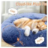 JOLLYVOGUE Calming Small Dog & Cat Bed for Indoor Cats - 20 inches Washable Donut Bed for Kittens & Puppies, Anti-Anxiety Round Fluffy Plush Pet Beds (Fits up to 15 lbs, Navy Blue)
