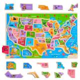 Montessori Mama USA Map Wooden Puzzle, Puzzles for Kids Ages 4-6 Educational Toys for 4 Year Old Kids Puzzles Ages 5-8 Landmarks, Animals, Capitols and States
