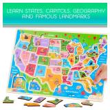 Montessori Mama USA Map Wooden Puzzle, Puzzles for Kids Ages 4-6 Educational Toys for 4 Year Old Kids Puzzles Ages 5-8 Landmarks, Animals, Capitols and States