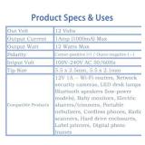 12V 1A Power Supply Adapter, AC 100-240V to DC 12V 1000mA 12W, 5.5x2.5mm Center Positive Plug (Fits 2.1mm), 5ft Cord for LED Strips, CCTV Cameras, Routers