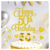 Gold Happy 50th Birthday Cake Decorations, Glitter 50th Birthday Cake Toppers Set and Numeral 50 Candles for Birthday Party Supplies, Heart Star Cupcake Decorations