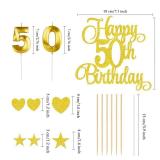 Gold Happy 50th Birthday Cake Decorations, Glitter 50th Birthday Cake Toppers Set and Numeral 50 Candles for Birthday Party Supplies, Heart Star Cupcake Decorations
