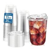 Homestockplus 25 Pack 15 oz BPA-Free Clear Plastic Cups with Strawless Sip Lids - Leak-Proof Round Bottom Disposable Iced Coffee Cups for Kids, To-Go Cold Drinks, Ideal for Small Parties & Daily Use