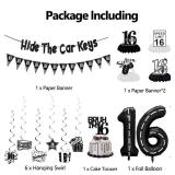 Holkcog Black 16th Birthday Decorations, Hide The Car Keys Party Banner for 16 Years Old Boys, Black 16 Birthday Honeycomb, 16th Party Centerpieces Hanging Signballons, Sixteen Supplies