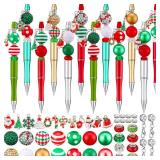 Fuutreo Christmas Beadable Pens Kit Silicone Plastic Wooden Beaded Pens Candy Beads Pen Snowmen Santa Bead Ballpoint Pen Black Ink for Students Kids Teacher School Making DIY(Plastic)