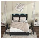 Queen Platform Bed Frame, Velvet Upholstered Bed with Deep Tufted Buttons and Nailhead Trim, Adjustable Colorful LED Light Decorative Headboard, Bed Sides with Pull-Out Storage 4 Drawers, Gray  - Reta