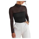 REORIA Womens Fall Sexy Mock Turtle Neck Long Sleeve Sheer Mesh Slim Fit Ruched Trendy Going Out Leotard Bodysuits Tops Black Medium