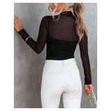 REORIA Womens Fall Sexy Mock Turtle Neck Long Sleeve Sheer Mesh Slim Fit Ruched Trendy Going Out Leotard Bodysuits Tops Black Medium