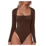 QINSEN Sexy Bodysuit for Women Square Neck High Cut Thong Tops Long Sleeve Shirt Coffee Bean S