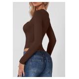 QINSEN Sexy Bodysuit for Women Square Neck High Cut Thong Tops Long Sleeve Shirt Coffee Bean S