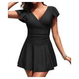 Aqua Eve One Piece Swimsuit with Skirt - Tummy Control Swimdress with Sleeve Modest Bathing Suit Swim Dress Black M