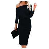 Ezbelle Off The Shoulder Dresses for Women Batwing 3/4 Sleeve HIPS Wrap Bodycon Dress Elegant Party Loose Clubwear Black Medium