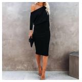 Ezbelle Off The Shoulder Dresses for Women Batwing 3/4 Sleeve HIPS Wrap Bodycon Dress Elegant Party Loose Clubwear Black Medium